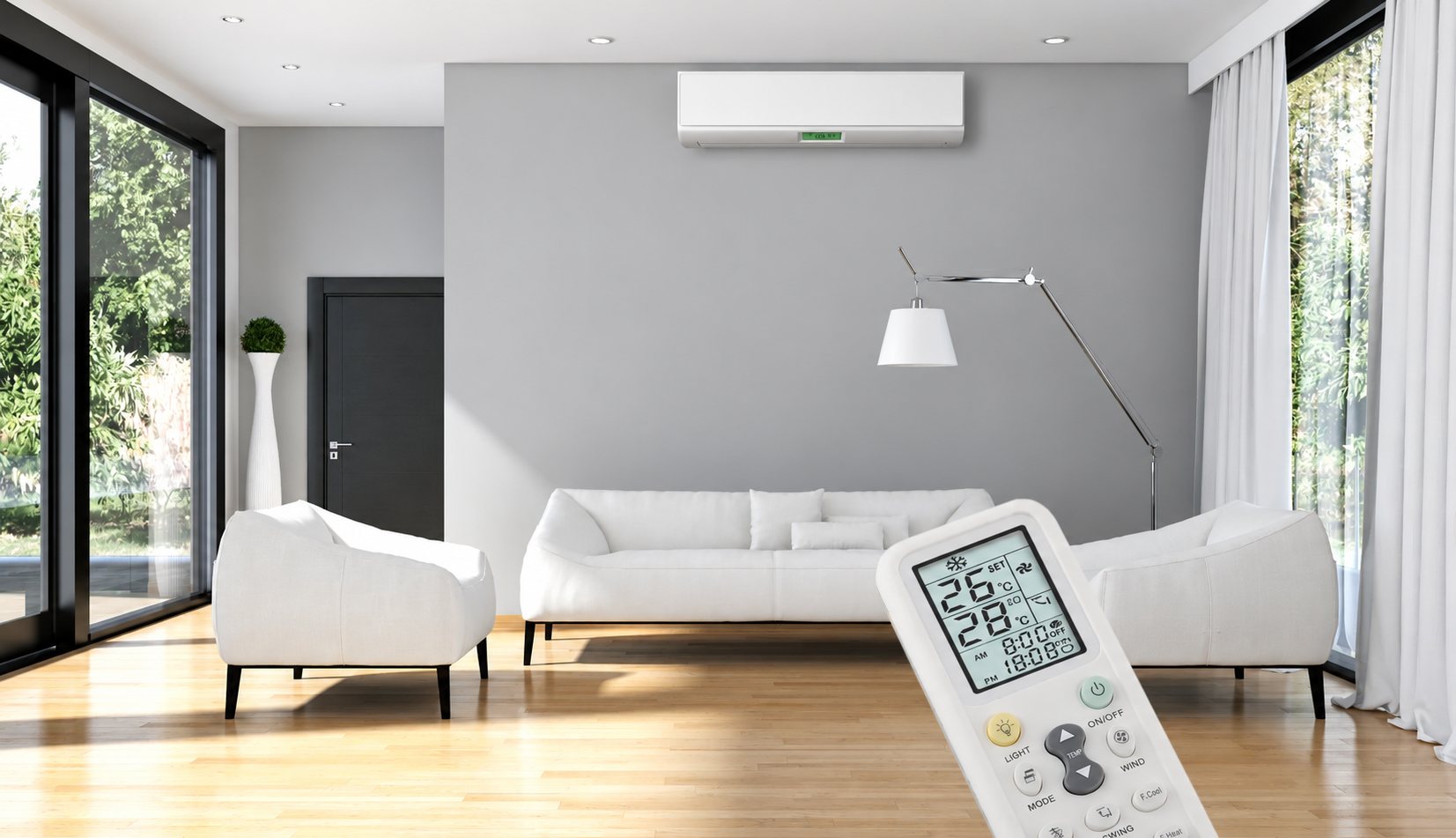 Salon lumineux avec une climatisation murale et sa télécommande