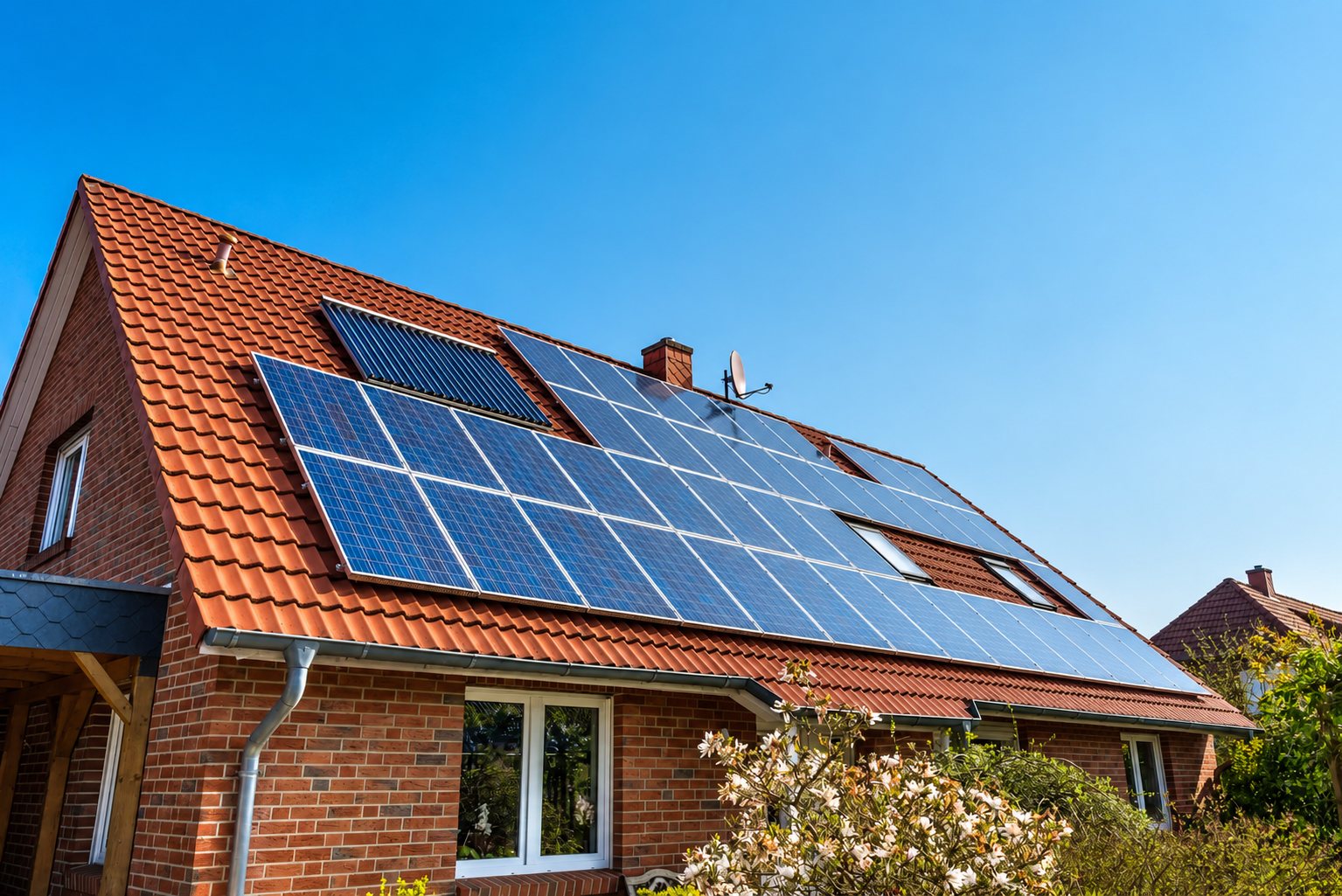 Maison en briques avec panneaux solaires