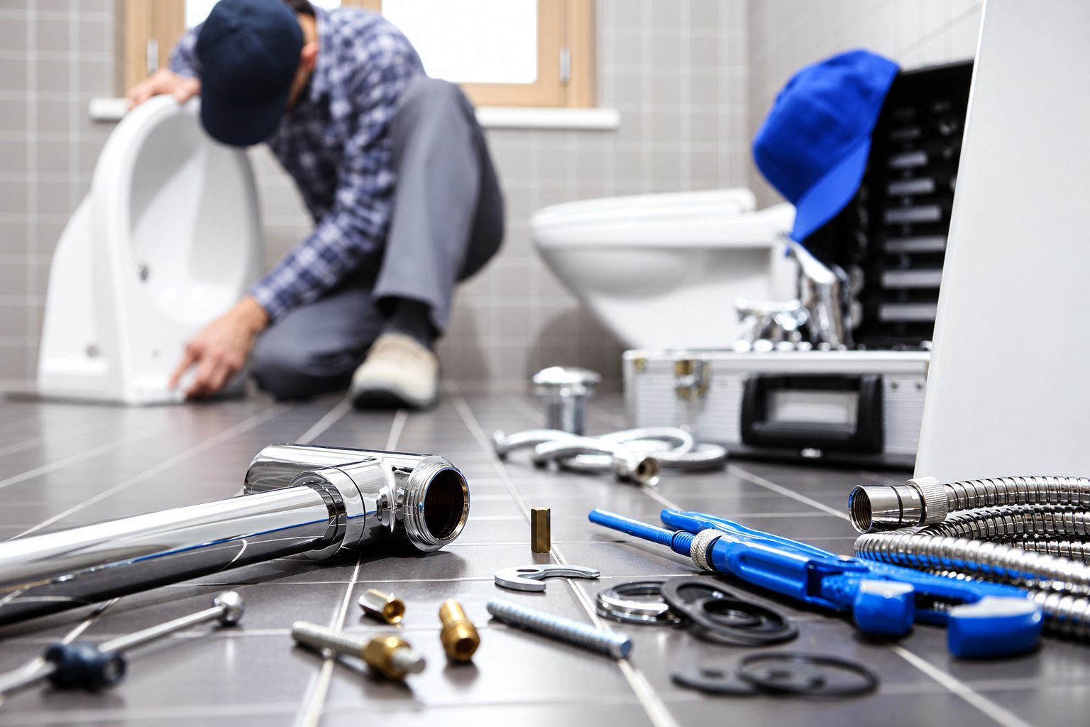 Plombier au travail dans une salle de bain avec ses outils