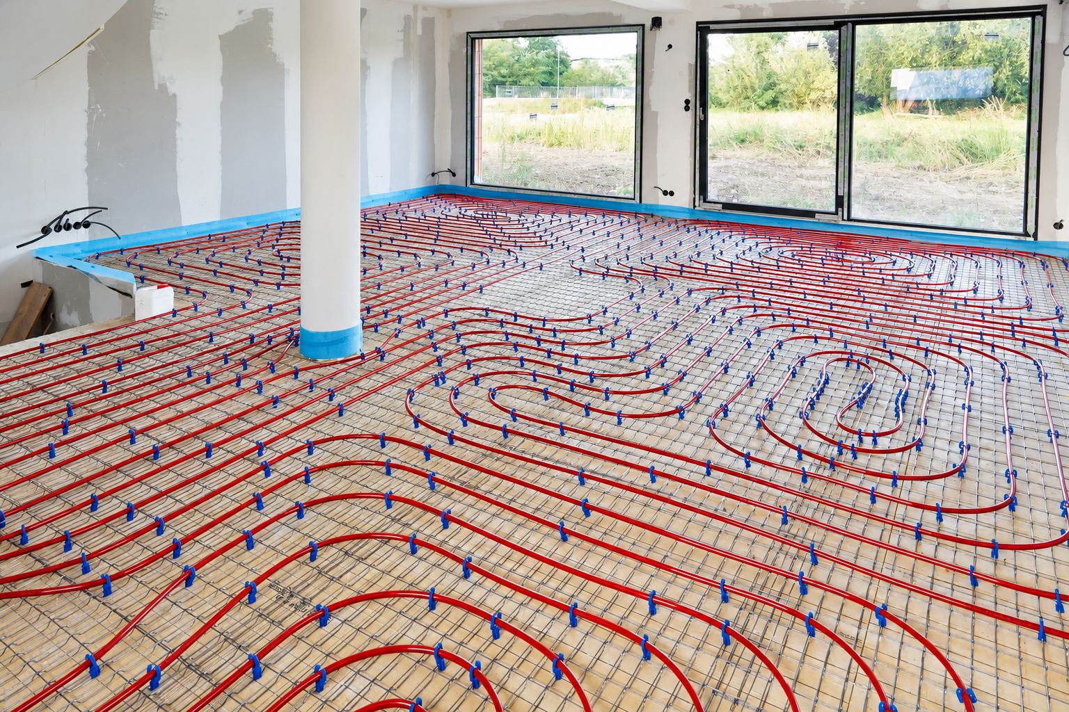 Tubes de plancher chauffant posés avant la chape