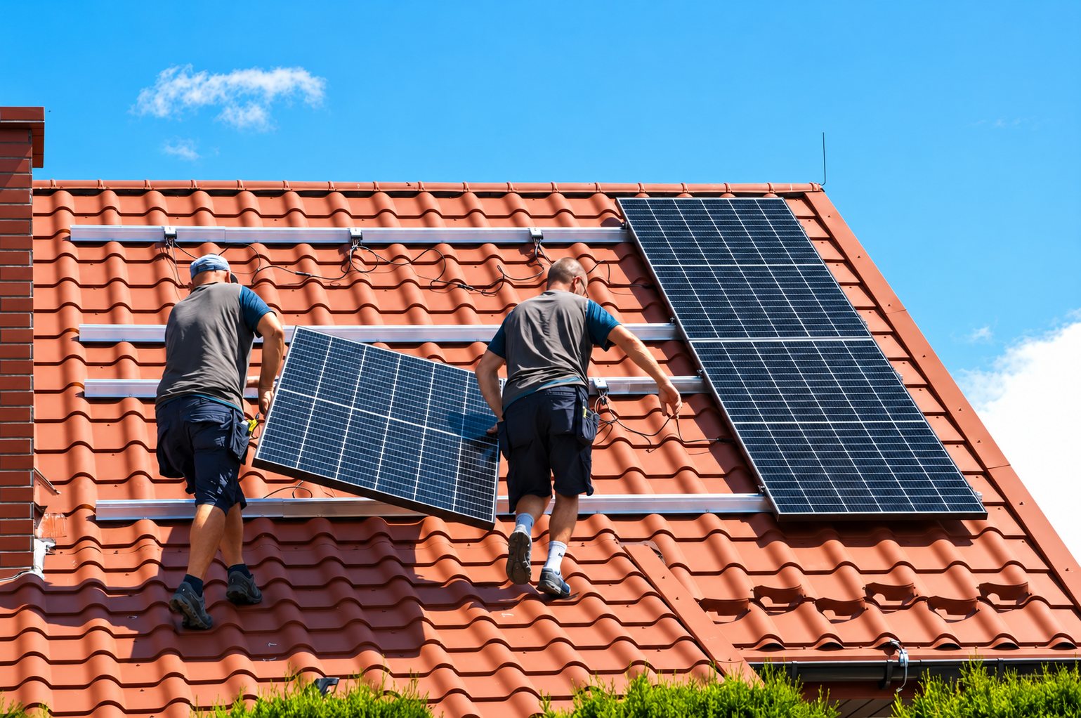 Deux installateurs qui posent des panneaux solaires