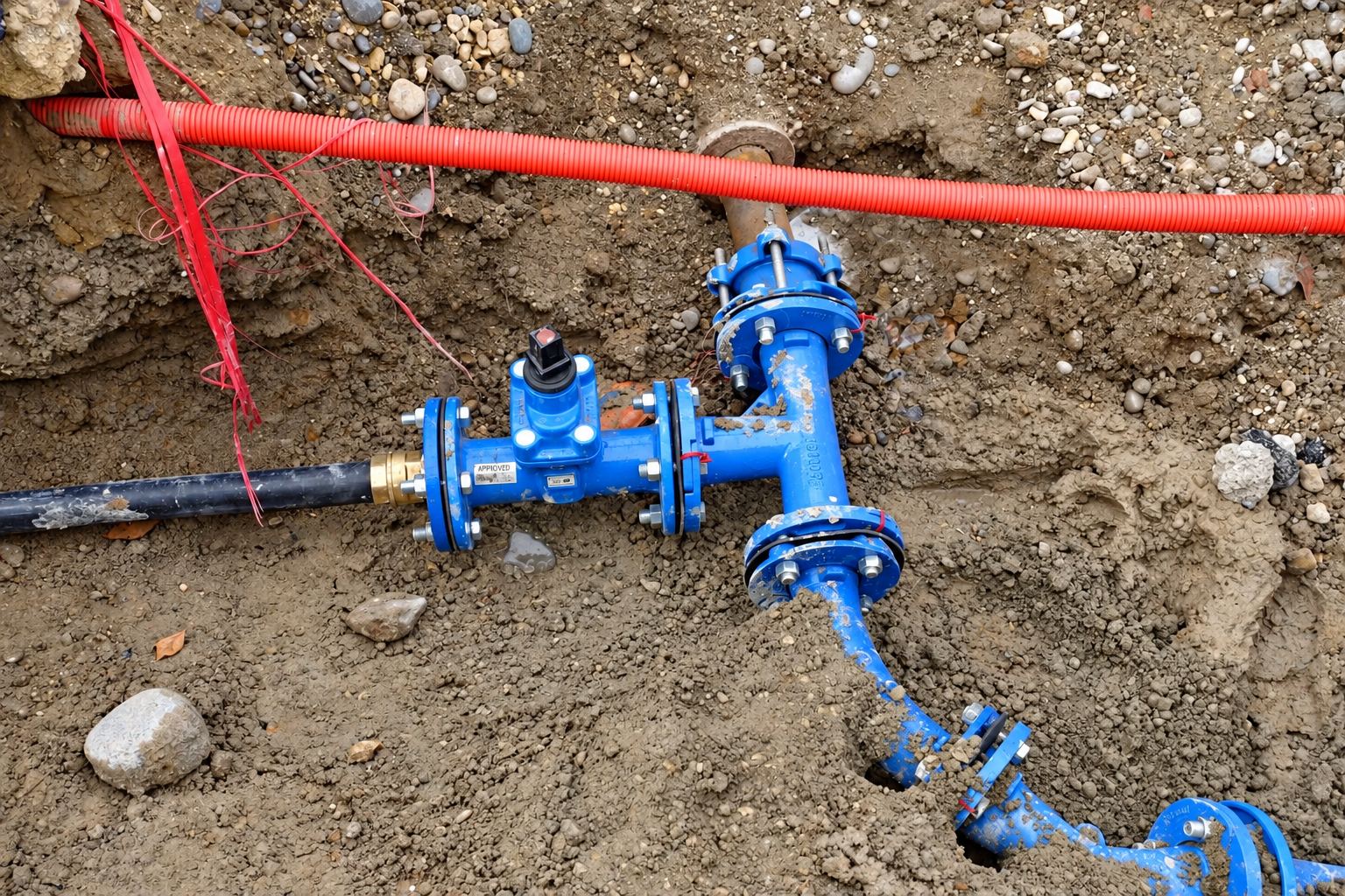 Raccord bleu d'un réseau d'eau dans une tranchée