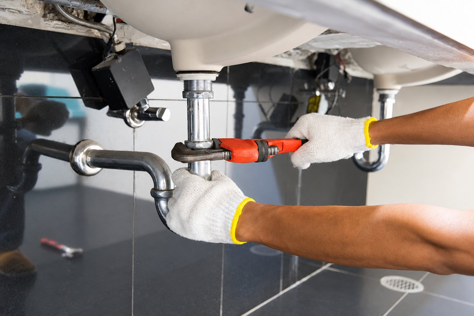 Mains gantées qui réparent la tuyauterie sous un lavabo