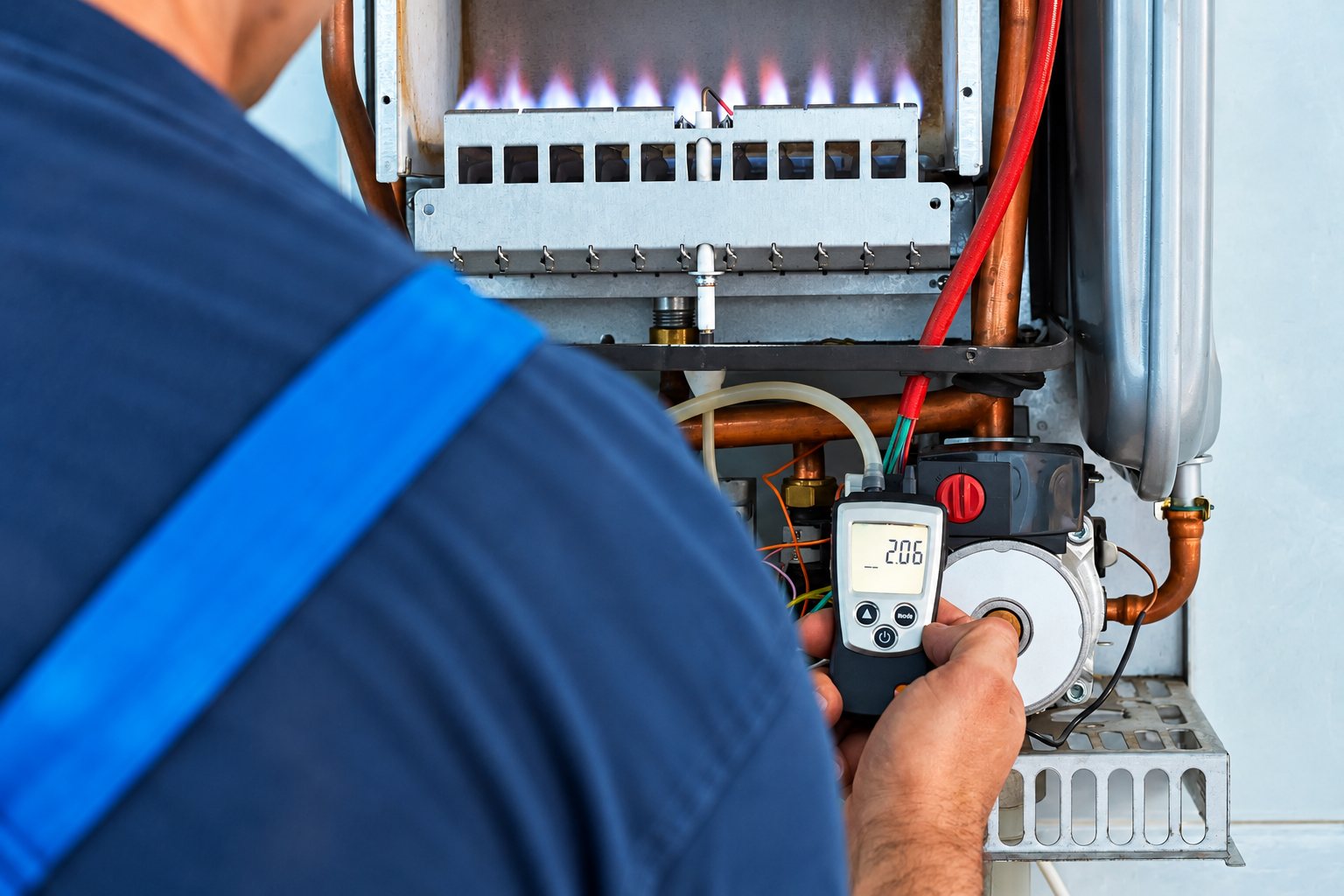 Technicien qui contrôle une chaudière à gaz avec un appareil de mesure