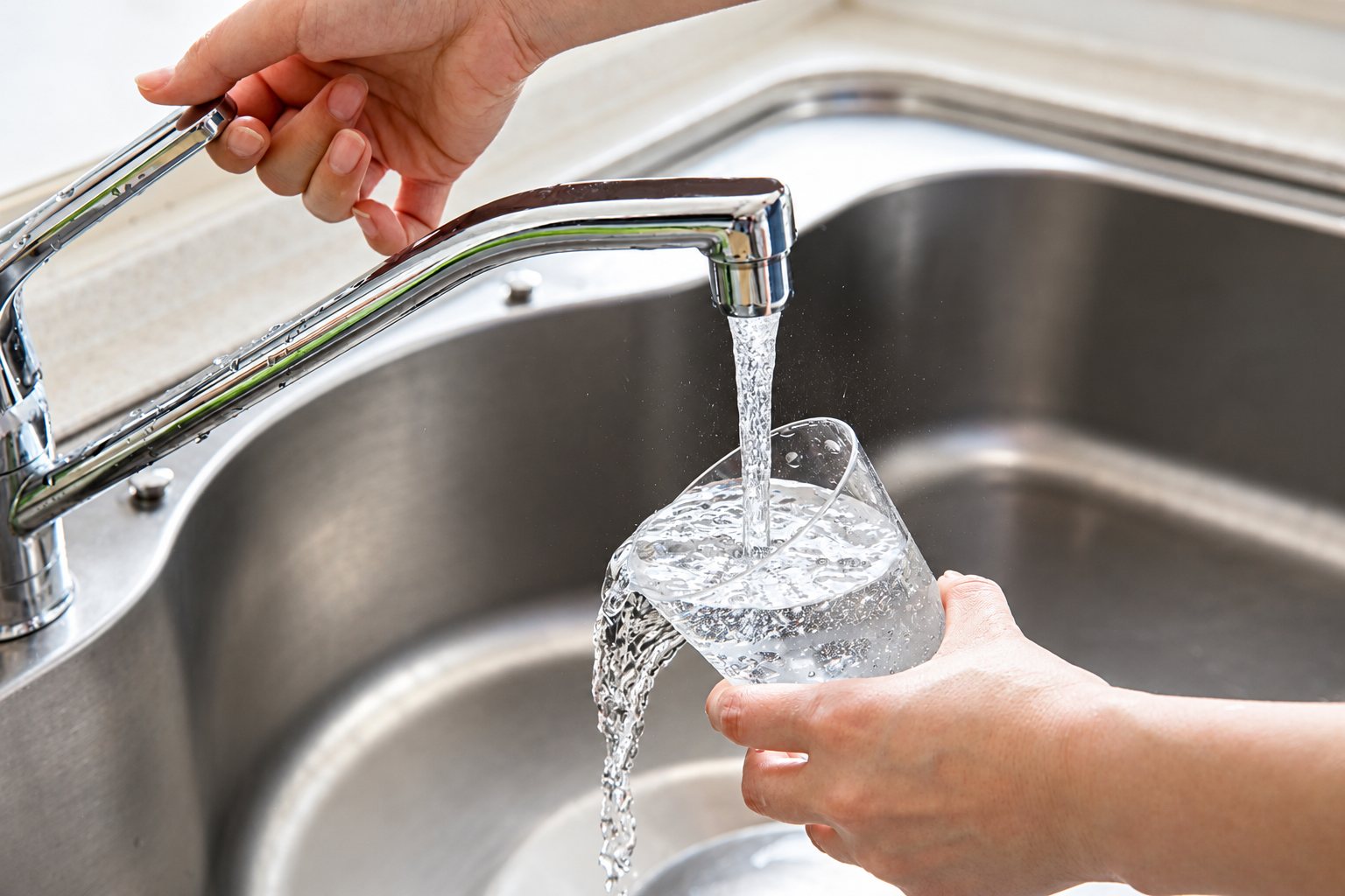Verre d'eau rempli au robinet d'un évier